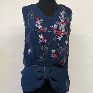 Anna Sui Navy embroidered chiffon top